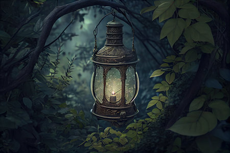 lantern hanging from tree branch, surrounded by lush foliage, created with generative aiの素材