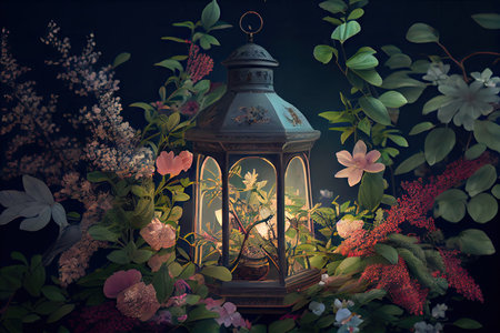 lantern surrounded by blooming flowers and greenery in springtime, created with generative aiの素材