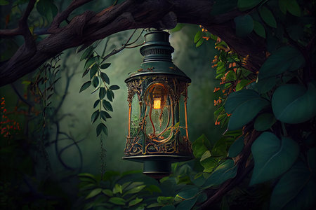lantern hanging from tree branch, surrounded by lush greenery, created with generative aiの素材