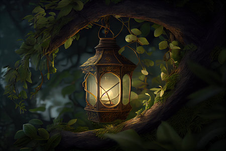 lantern hanging from tree branch, surrounded by lush greenery, created with generative aiの素材