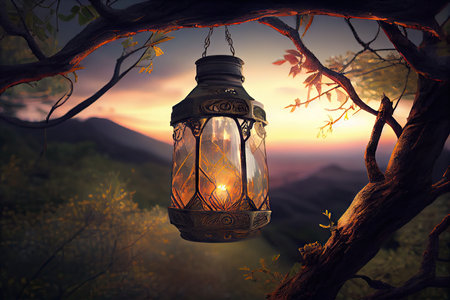 lantern hanging from tree branch, with view of the forest in the background, created with generative aiの素材
