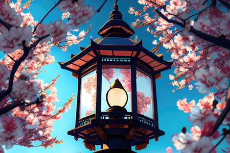 lantern surrounded by blooming cherry blossom trees, with a glimpse of the blue sky visible in the background, created with generative aiの素材