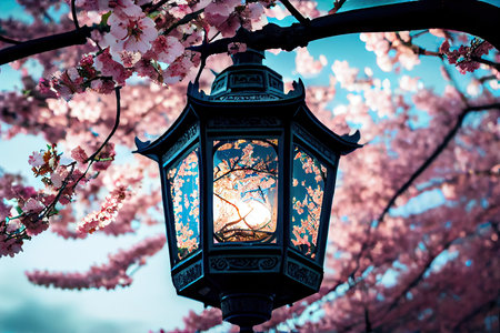 lantern surrounded by blooming cherry blossom trees, with a glimpse of the blue sky visible in the background, created with generative aiの素材