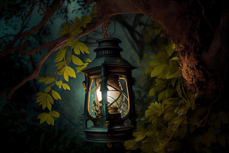 lantern hanging from tree branch, surrounded by verdant foliage, created with generative aiの素材