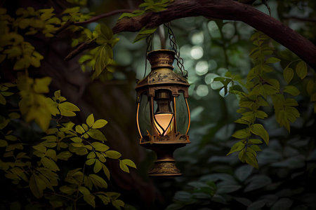 lantern hanging from tree branch, surrounded by verdant foliage, created with generative aiの素材
