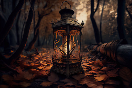 lantern in a forest, with trees casting shadows on the lantern, created with generative aiの素材