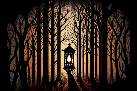 lantern in a forest, with trees casting shadows on the lantern, created with generative aiの素材