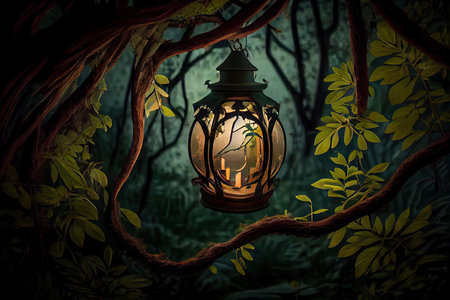 lantern hanging from the branches of a tree, surrounded by lush greenery, created with generative aiの素材