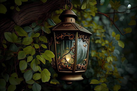 lantern hanging from tree branch, surrounded by lush greenery, created with generative aiの素材
