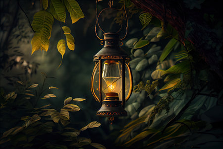 lantern hanging from tree branch, surrounded by lush greenery, created with generative aiの素材