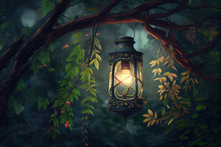 lantern hanging from tree branch, surrounded by lush greenery, created with generative aiの素材