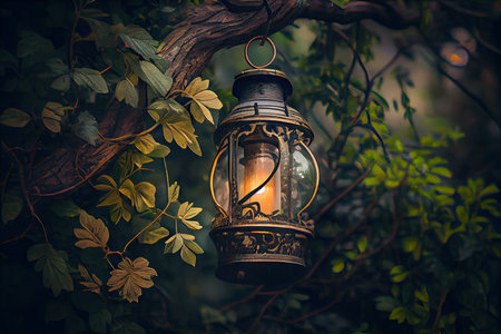 lantern hanging from tree branch, surrounded by lush foliage, created with generative aiの素材
