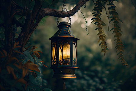 lantern hanging from tree branch, surrounded by lush foliage, created with generative aiの素材