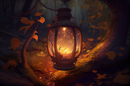 lantern hanging from tree branch, casting a warm glow on the forest floor, created with generative aiの素材