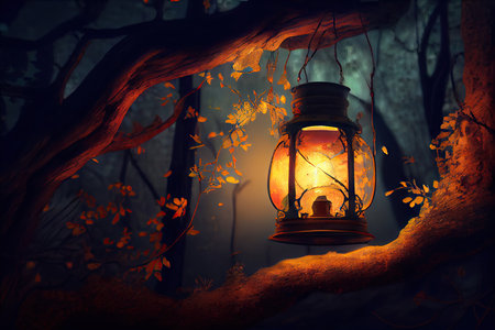 lantern hanging from tree branch, casting a warm glow on the forest floor, created with generative aiの素材