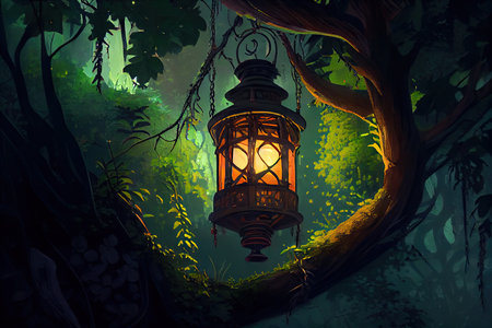 lantern hanging from tall tree, surrounded by lush forest, created with generative aiの素材