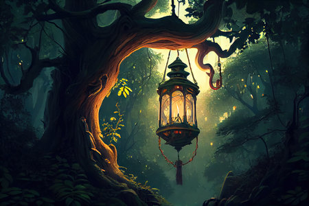 lantern hanging from tall tree, surrounded by lush forest, created with generative aiの素材