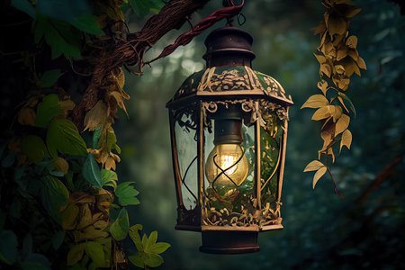 a lantern hanging from a tree, surrounded by lush greenery, created with generative aiの素材