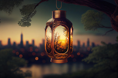 lantern hanging from tree branch in park, with view of city skyline in the background, created with generative aiの素材