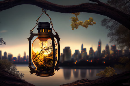 lantern hanging from tree branch in park, with view of city skyline in the background, created with generative aiの素材