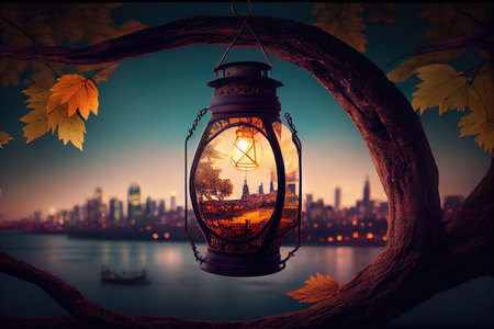 lantern hanging from tree branch in park, with view of city skyline in the background, created with generative aiの素材