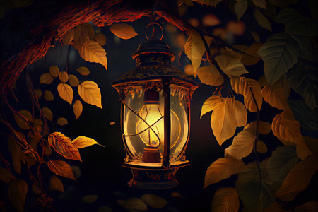 lantern hanging from tree branch, with lantern light shining through the leaves, created with generative aiの素材