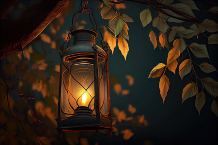 lantern hanging from tree branch, with lantern light shining through the leaves, created with generative aiの素材