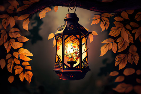 lantern hanging from tree branch, with lantern light shining through the leaves, created with generative aiの素材