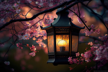 lantern surrounded by blooming cherry blossoms in spring, created with generative aiの素材