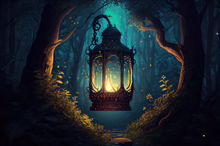 lantern in the midst of a majestic forest, surrounded by towering trees, created with generative aiの素材