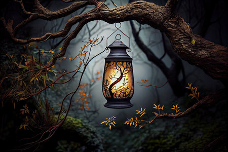 lantern hanging from tree branch, surrounded by nature, created with generative aiの素材