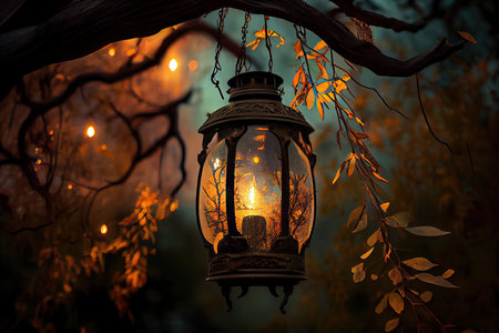 lantern hanging from tree branch, surrounded by nature, created with generative aiの素材