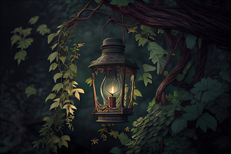 lantern hanging from tree branch, surrounded by lush greenery, created with generative aiの素材