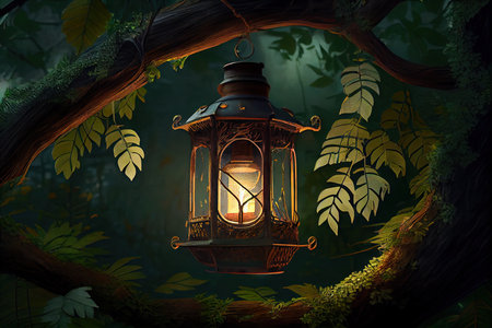 lantern hanging from tree branch, surrounded by lush greenery, created with generative aiの素材