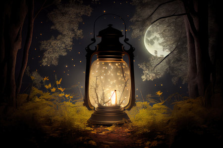 vintage lantern illuminating moonlit forest scene, created with generative aiの素材