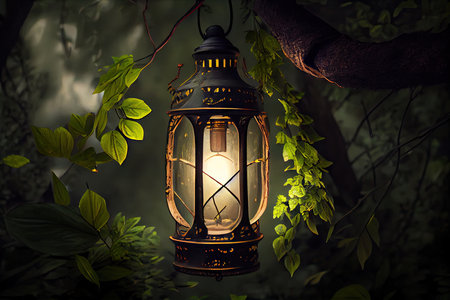 lantern hanging from tree branch, surrounded by lush greenery, created with generative aiの素材