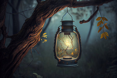 lantern hanging from tree branch in forest setting, created with generative aiの素材