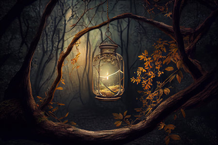 lantern hanging from tree branch in forest setting, created with generative aiの素材