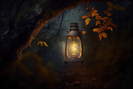 lantern hanging from tree branch in forest setting, created with generative aiの素材