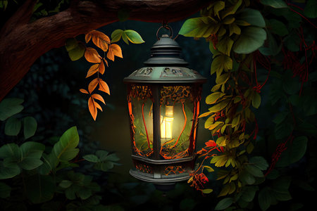 lantern hanging from tree branch, surrounded by lush foliage, created with generative aiの素材