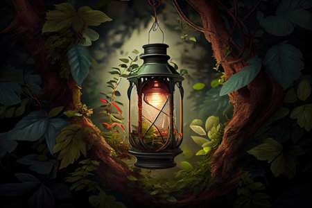 lantern hanging from tree branch, surrounded by lush foliage, created with generative aiの素材