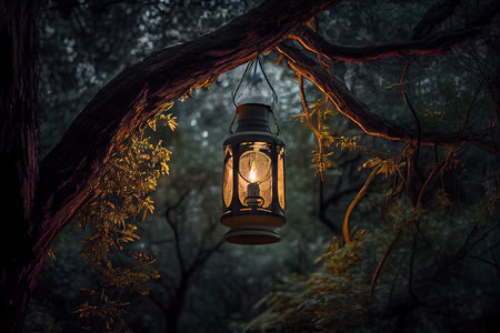 lantern hanging from tree, surrounded by forest canopy, created with generative aiの素材