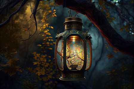 lantern hanging from tree branch, with view of the forest, created with generative aiの素材