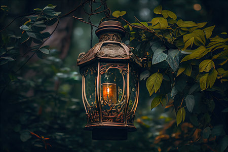 lantern hanging from tree branch, surrounded by lush greenery, created with generative aiの素材