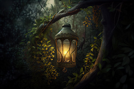 lantern hanging from tree branch, surrounded by lush greenery, created with generative aiの素材