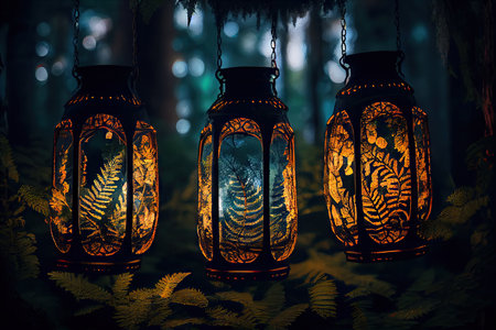 three lanterns hanging in a forest, with the trees and ferns illuminated, created with generative aiの素材