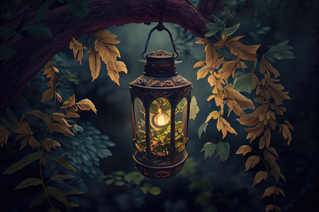 lantern hanging from tree branch, surrounded by lush foliage, created with generative aiの素材
