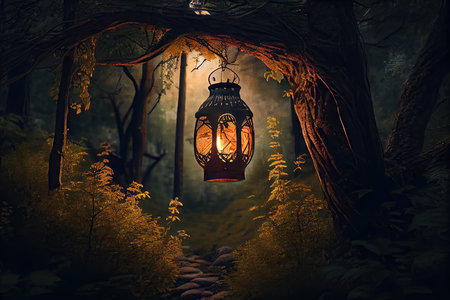 lantern hanging from tree in forest, with lantern light shining through the trees, created with generative aiの素材