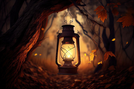 lantern hanging from tree in forest, with lantern light shining through the trees, created with generative aiの素材