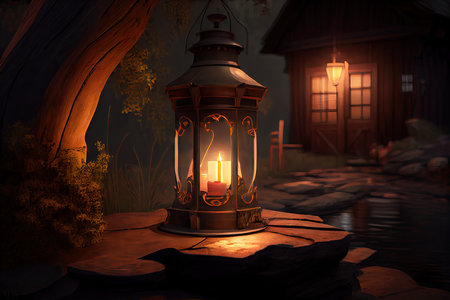 natural setting, with lantern casting warm light and bringing comfort, created with generative aiの素材
